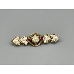 1928 Pin Brooch Heart Shape Enamel Roses Leaves Faux Pearls 2 3/4" Wide
